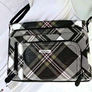 MultiSac Crossbody Plaid Bag Black Gray Pink Green so many pockets NWT
